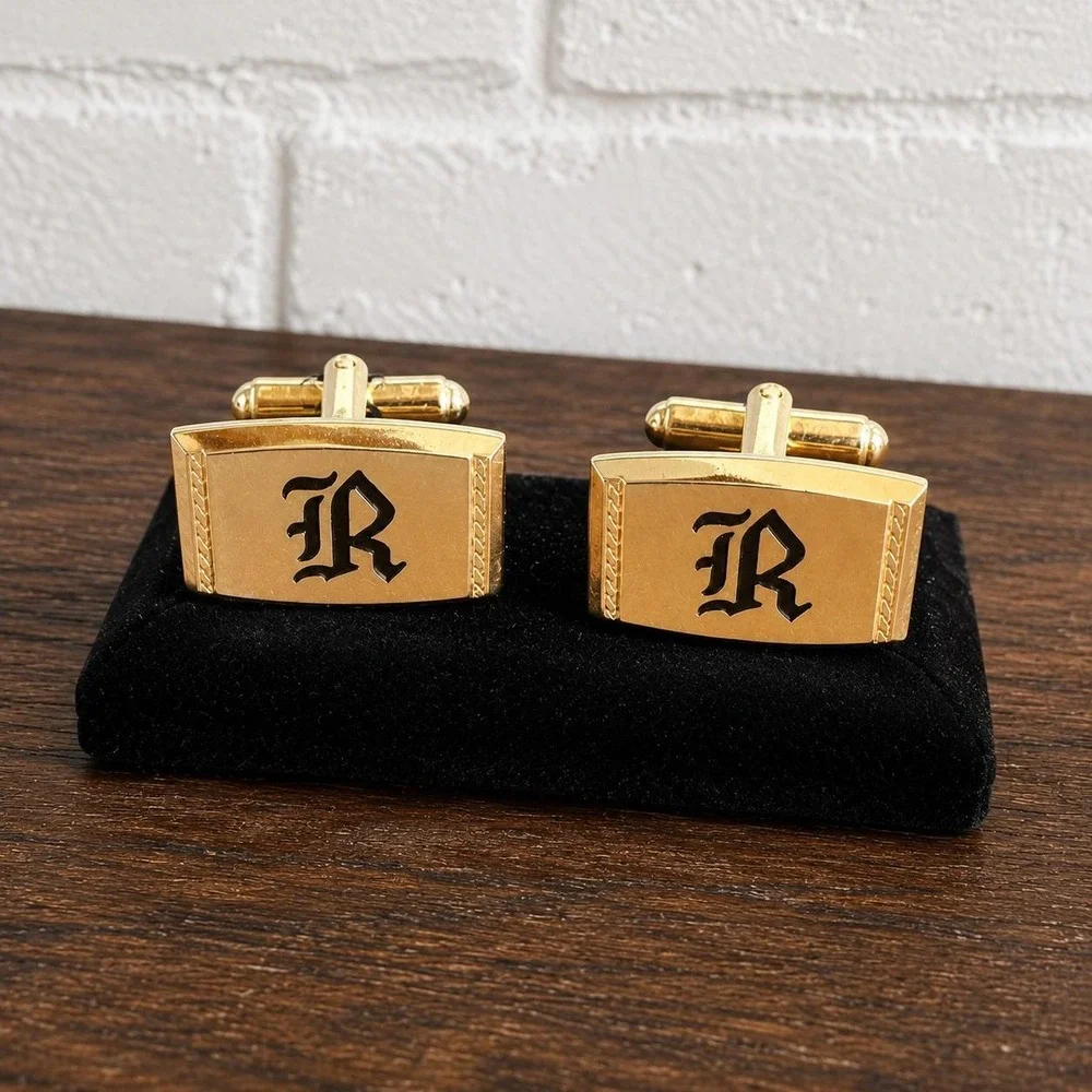 Vintage Hickok Cufflinks - Gold Tone Monogram R - Old English Initial - 1970s